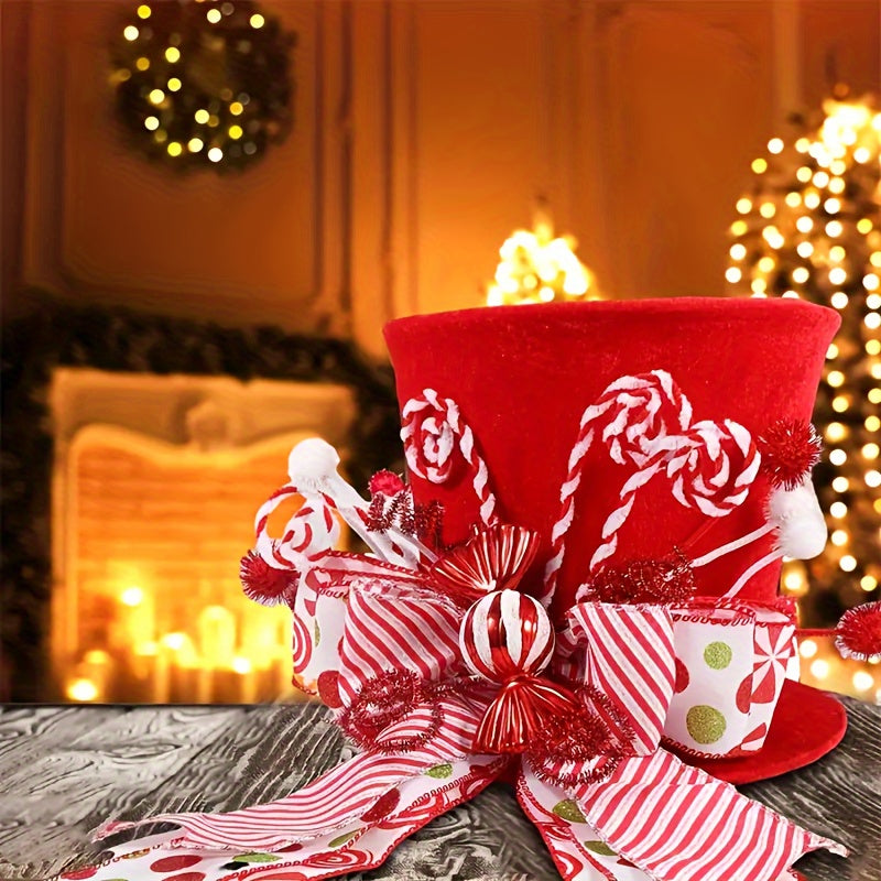 Polyester Christmas Tree Top Hat Decoration With Candy Stick Ribbon