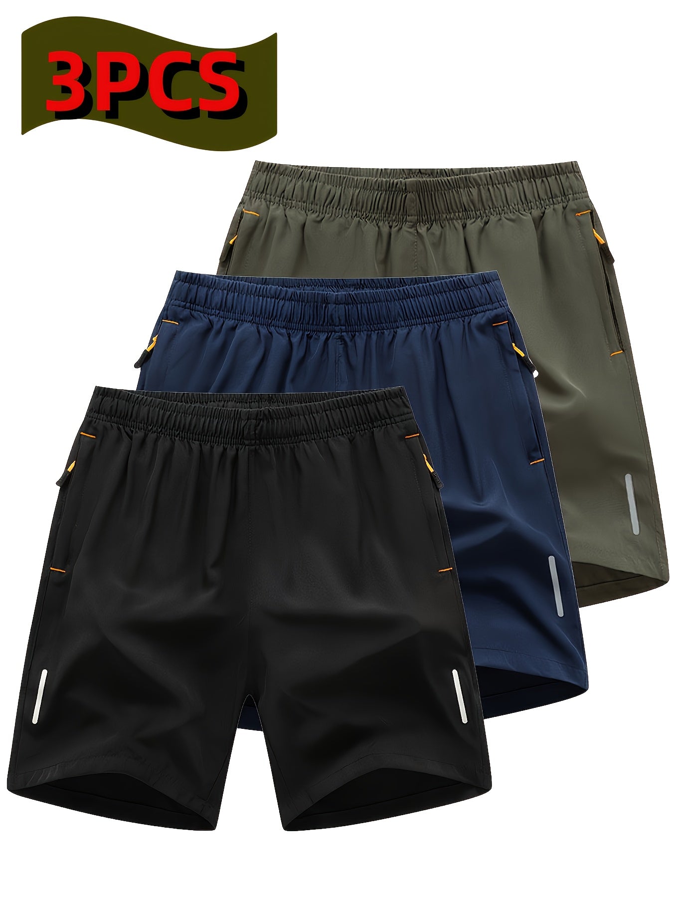 3pcs Men'S Stylish Athletic Shorts, Black Drawstring Design, Zippered Pockets, Ideal For Summer Training And Outdoor Activities, Plus Size Shorts - Revitalize Mind Body