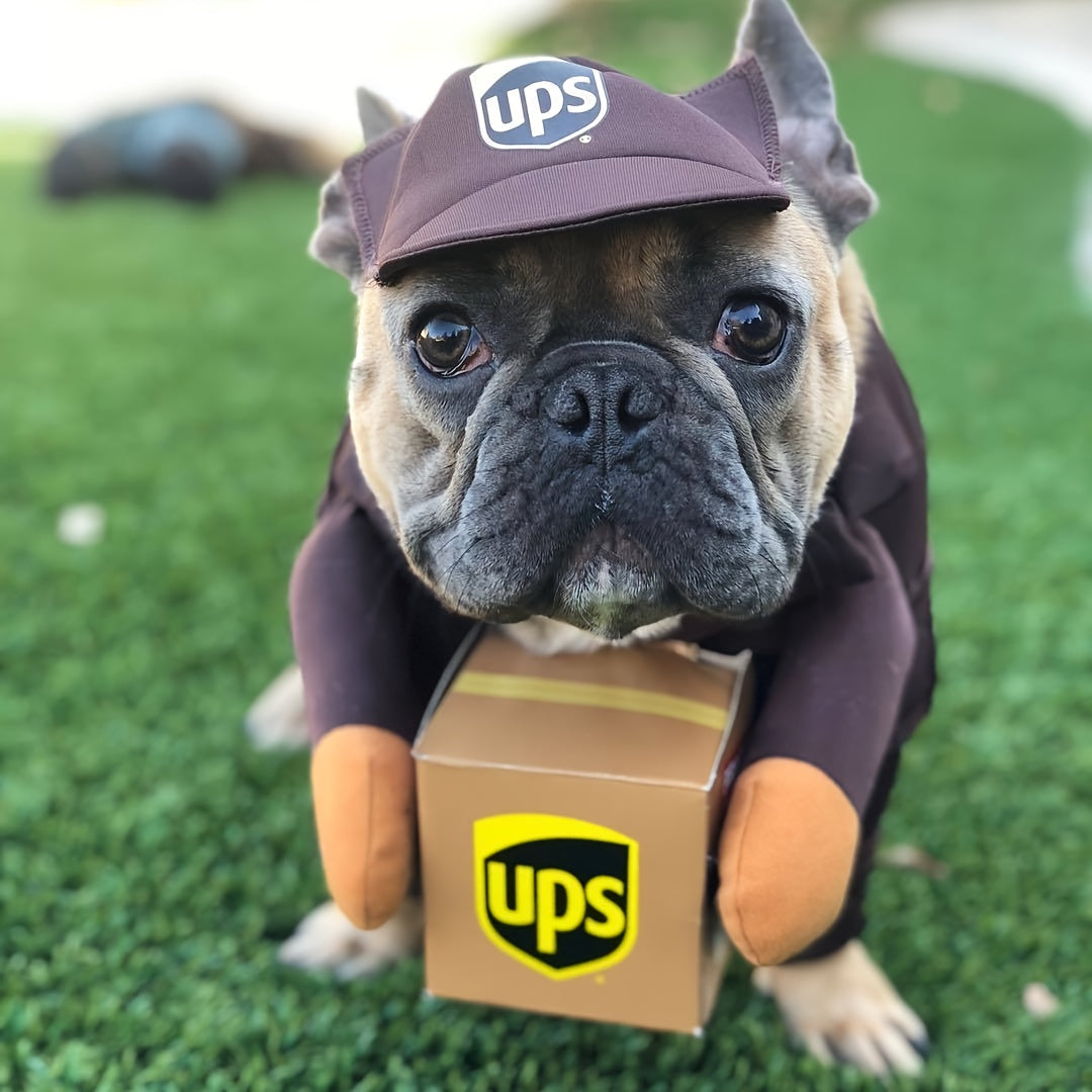 Playful Deliveryman Dog Costume UPS Inspired With Box