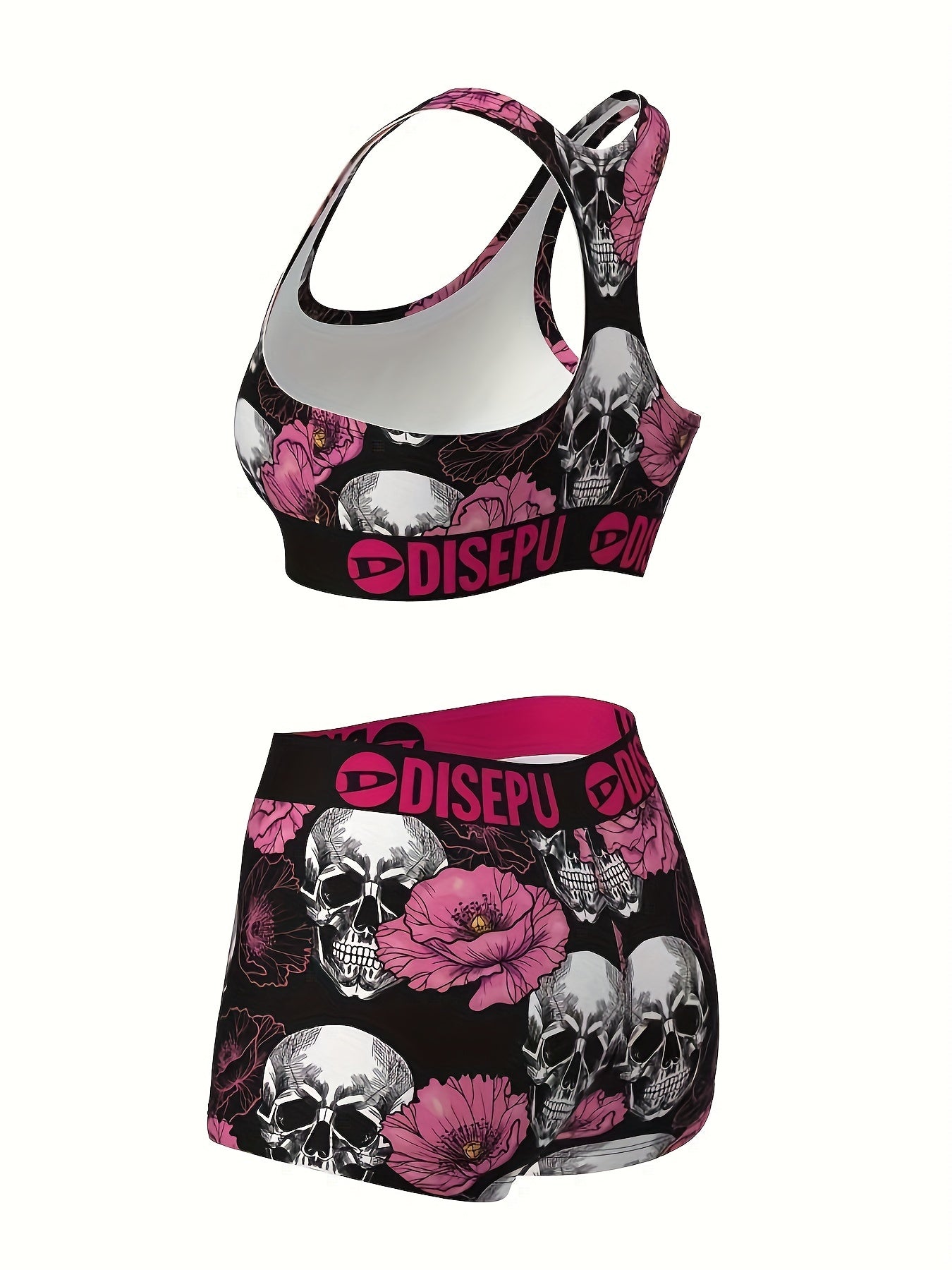 Gothic Floral Skull Print Sports Bra And Shorts Set - Revitalize Mind Body