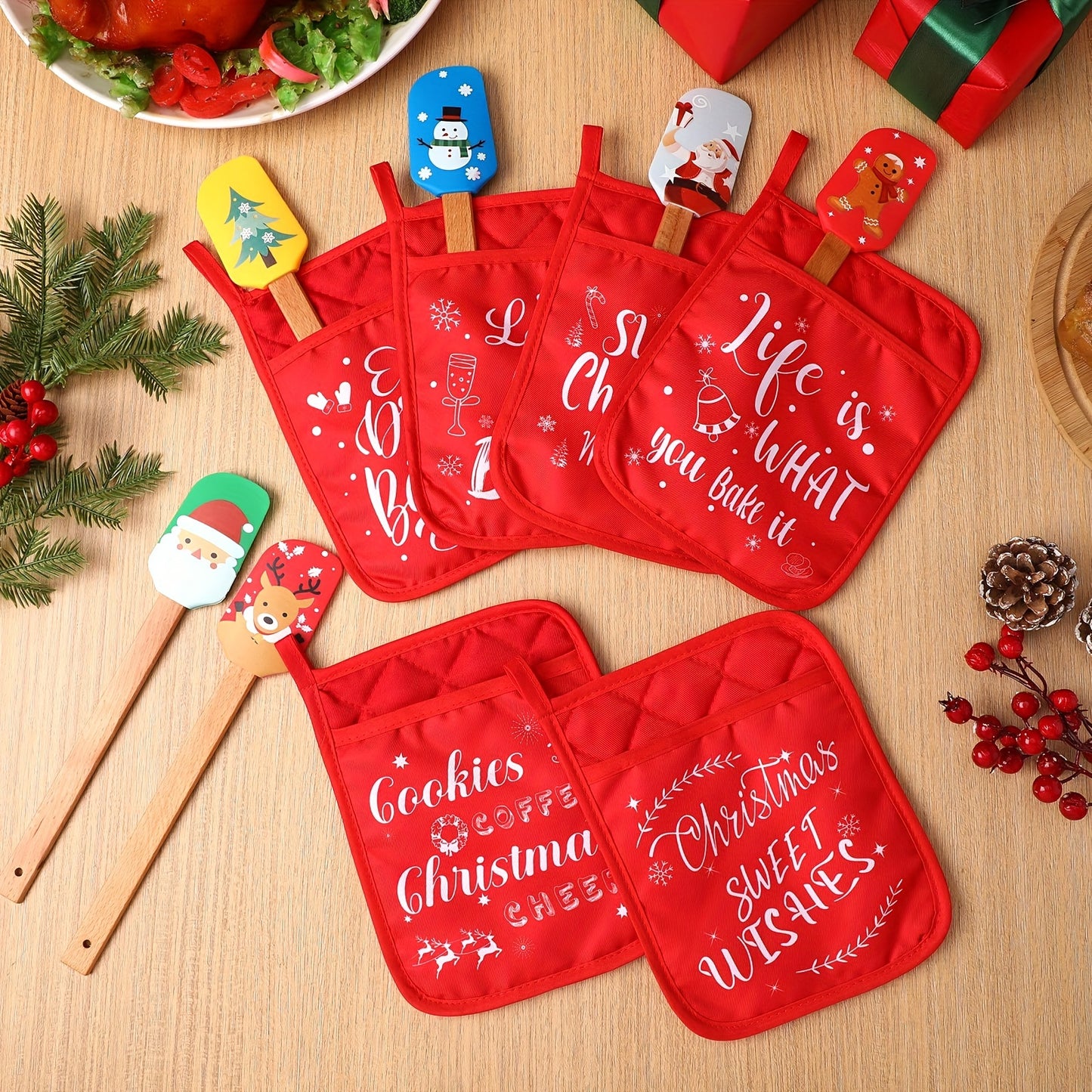 Roowest Christmas Pot Holders With Silicone Spatula Set Wooden Handles