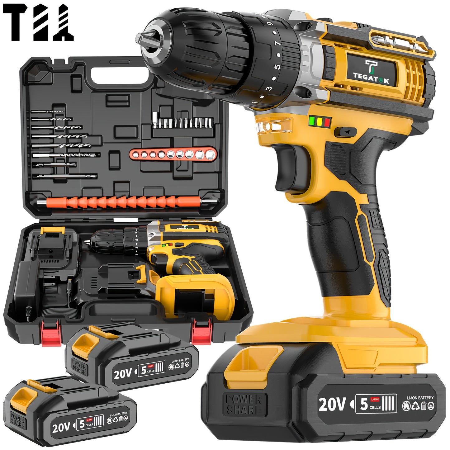 TEGATOK 20V Cordless Drill Set With Battery Pack And Bits