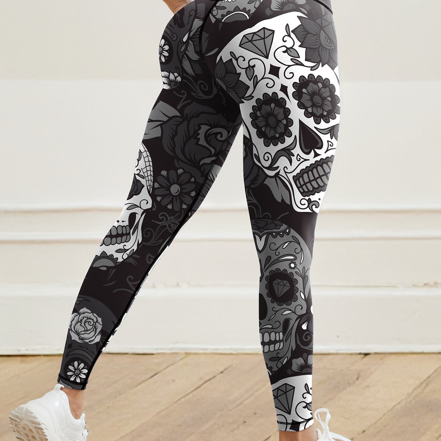 Halloween Skull Floral Print High Waist Yoga Leggings