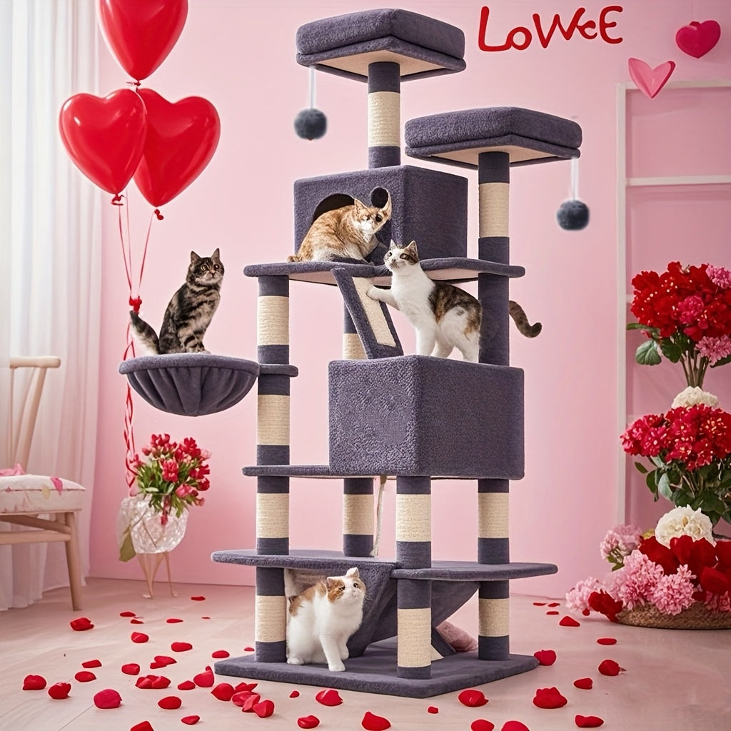 66.1/44.1in Cat Tree, Large Cat Tower with 13 Scratching Posts, 2 Perches, 2 Caves, Hanging Basket & Hammock, Pompoms, Stable Kitty Play House, Multi-Level Plush Cat Condo for Indoor Cat, Easy to Assemble, Perfect Children's - Revitalize Mind Body