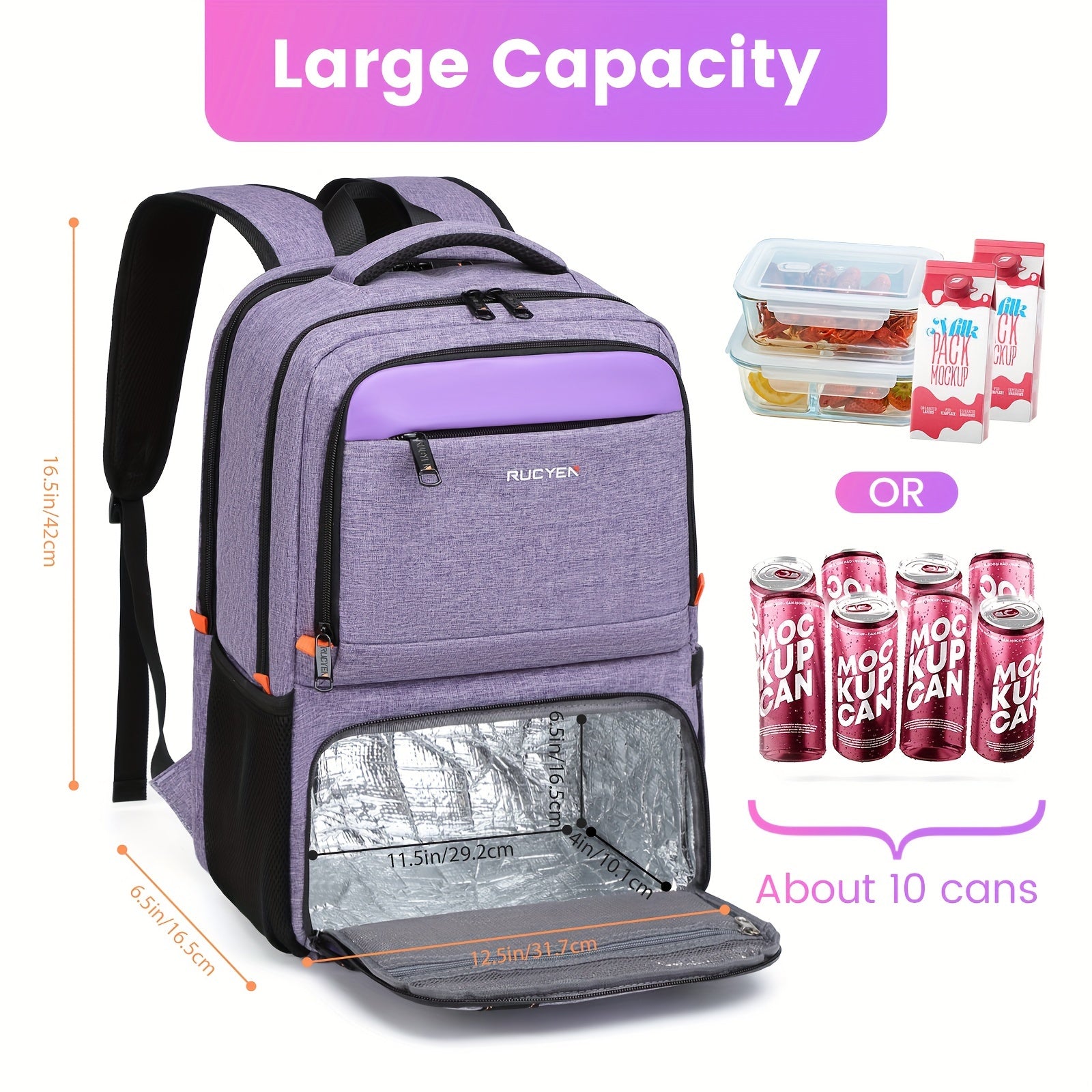 15.6 Inches RFID Blocking Laptop RUCYEN Backpack - Insulated Cooler Lunch Box with USB Port for Men Women - Work Travel Picnics Hiking - Revitalize Mind Body