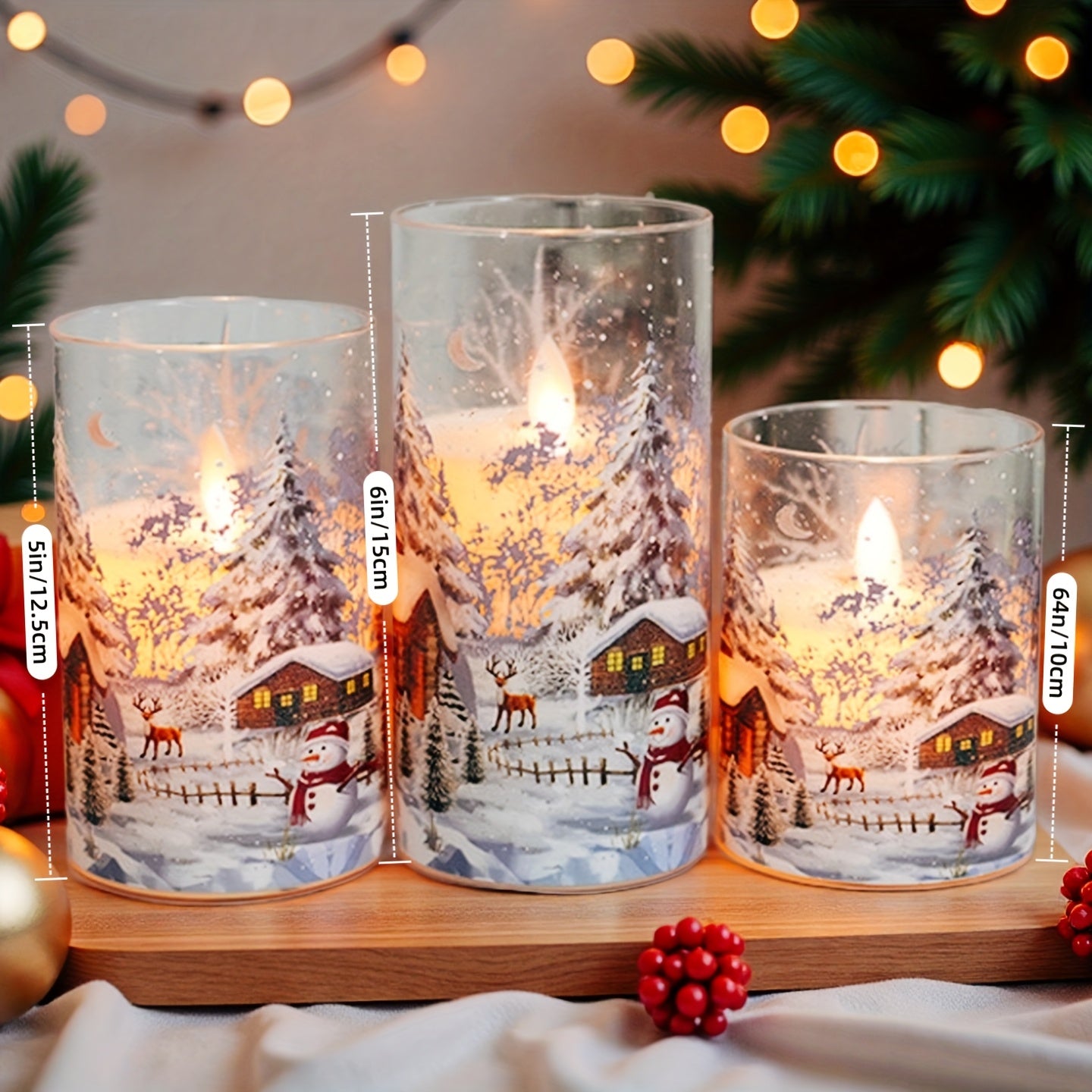 Flameless LED Pillar Candles With Snow Scene Snowman Pattern Decor