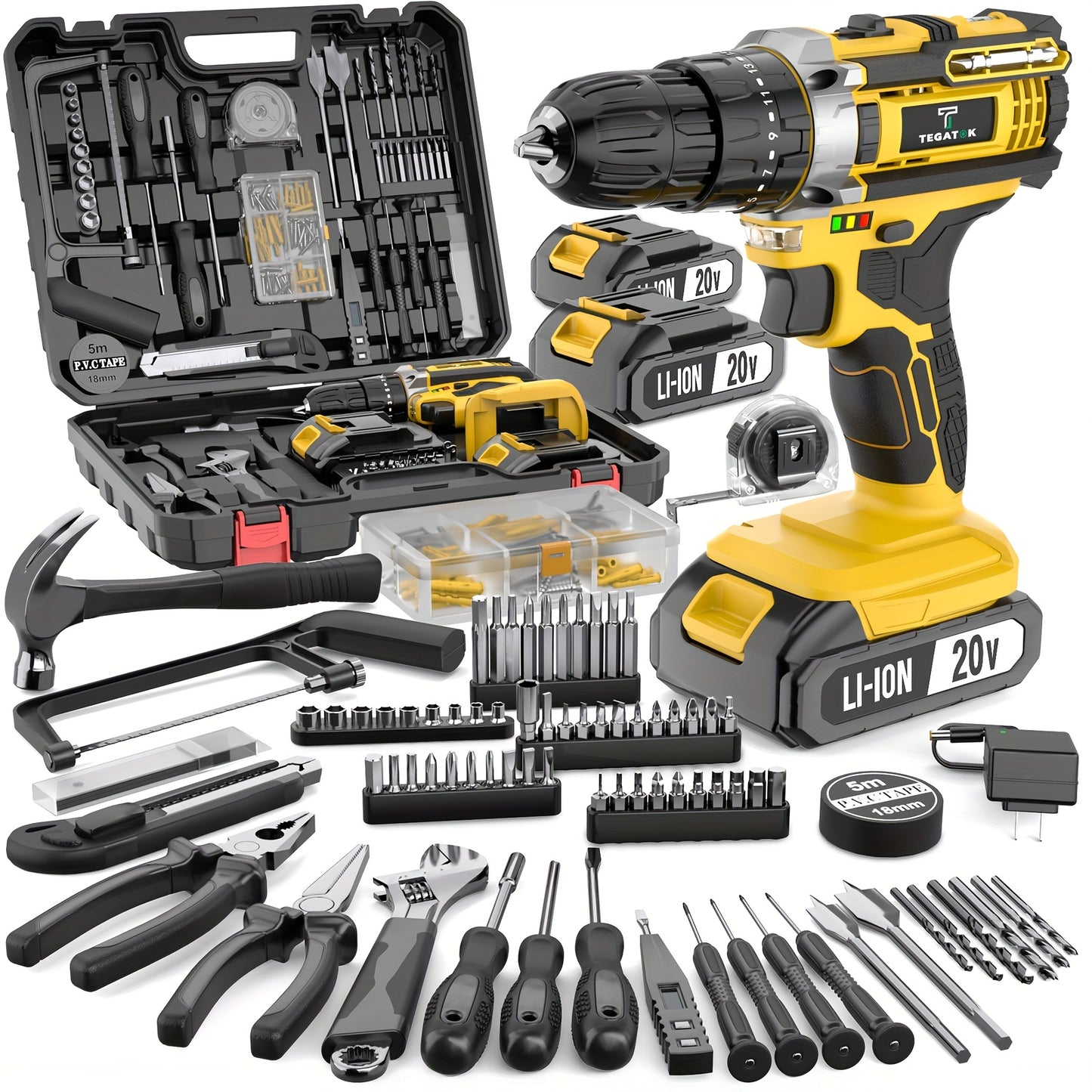 TEGATOK 20V Cordless Drill Set With Battery Pack And Bits