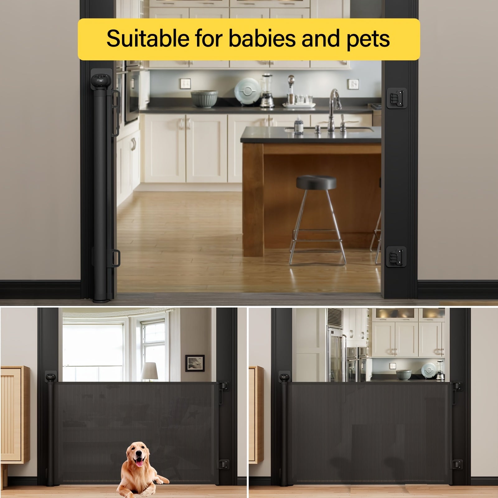 Versatile Retractable & Pet Gate, No Drilling Required - Black Nylon Mesh, Extends 55" Wide, 33.9" High, Ideal for Doorways, Stairs, Hallways, Decks, and Porches, Retractable Doorway Gate|Versatile Home Gate|Durable Nylon Mes - Revitalize Mind Body