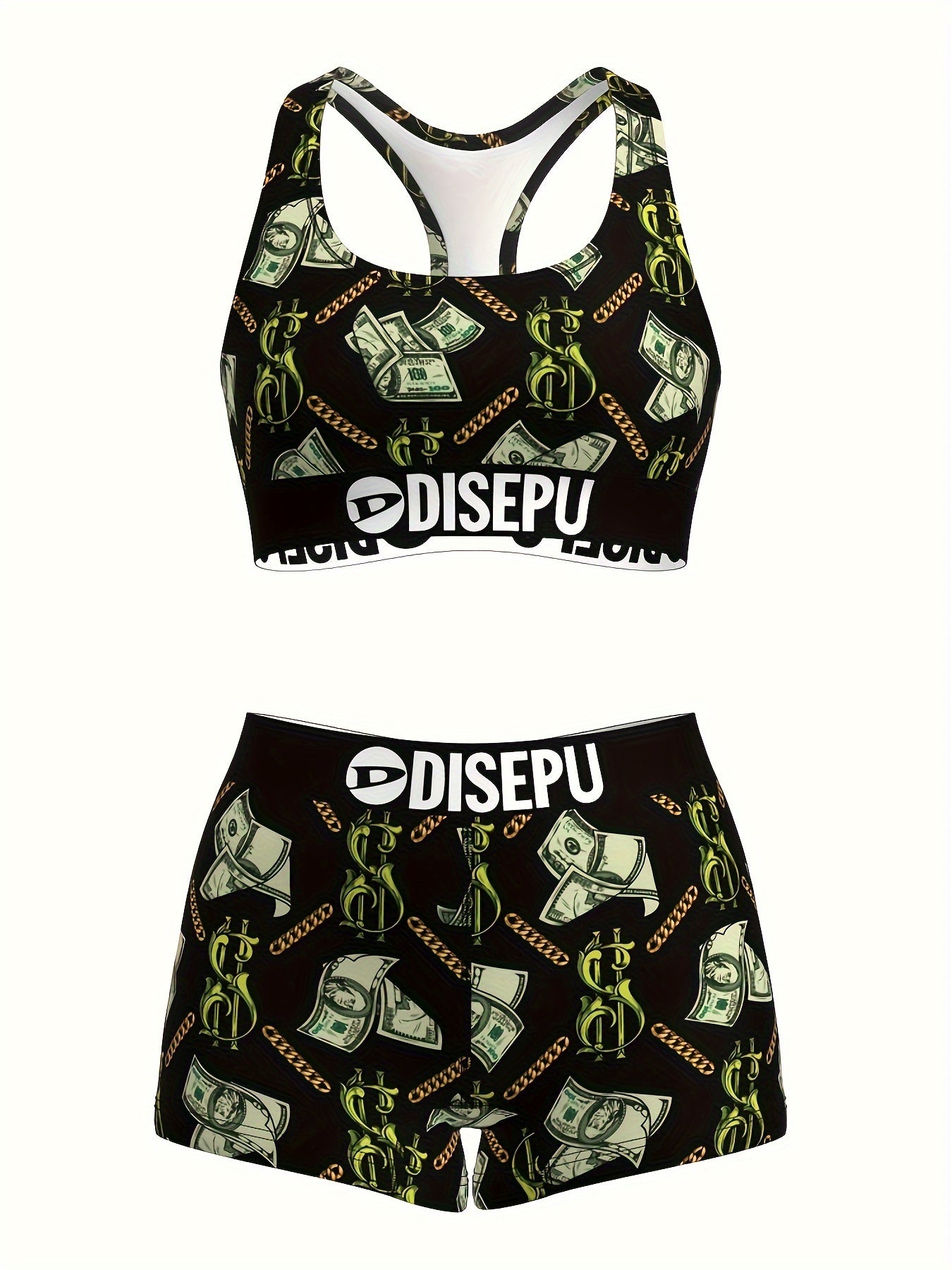 Money Print Sports Bra And Shorts Set Dollar Chain Activewear - Revitalize Mind Body