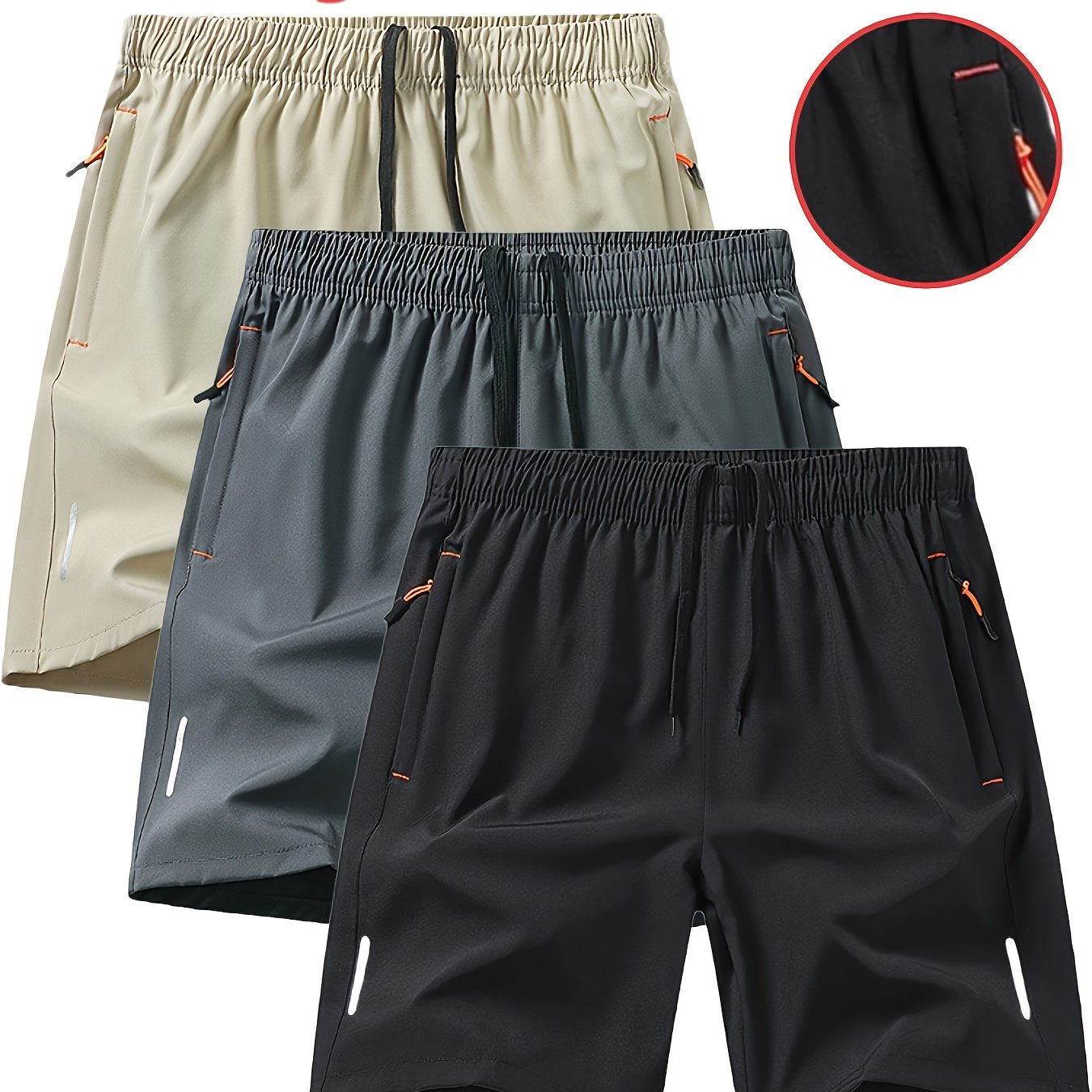 3pcs Men'S Stylish Athletic Shorts, Black Drawstring Design, Zippered Pockets, Ideal For Summer Training And Outdoor Activities, Plus Size Shorts - Revitalize Mind Body