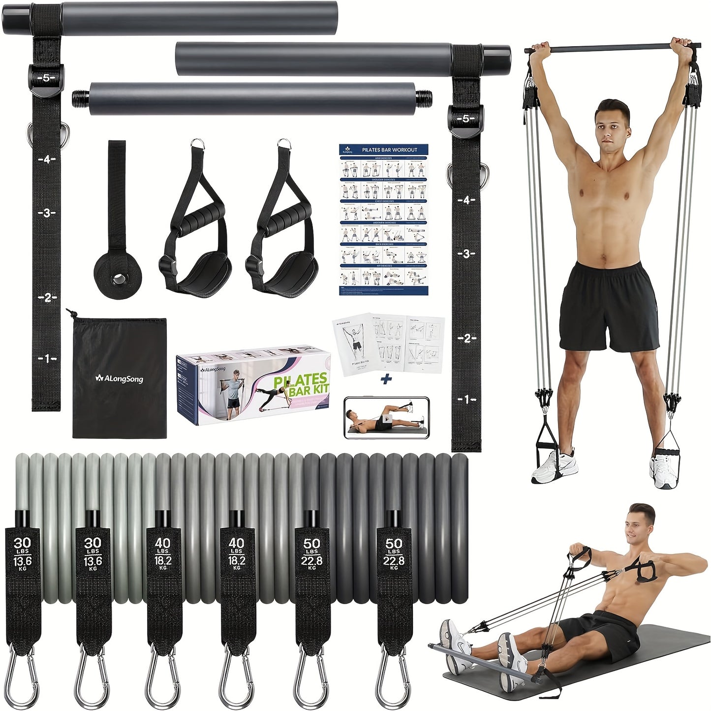 Pilates Bar Kit With Resistance Bands 20 To 240 LBS