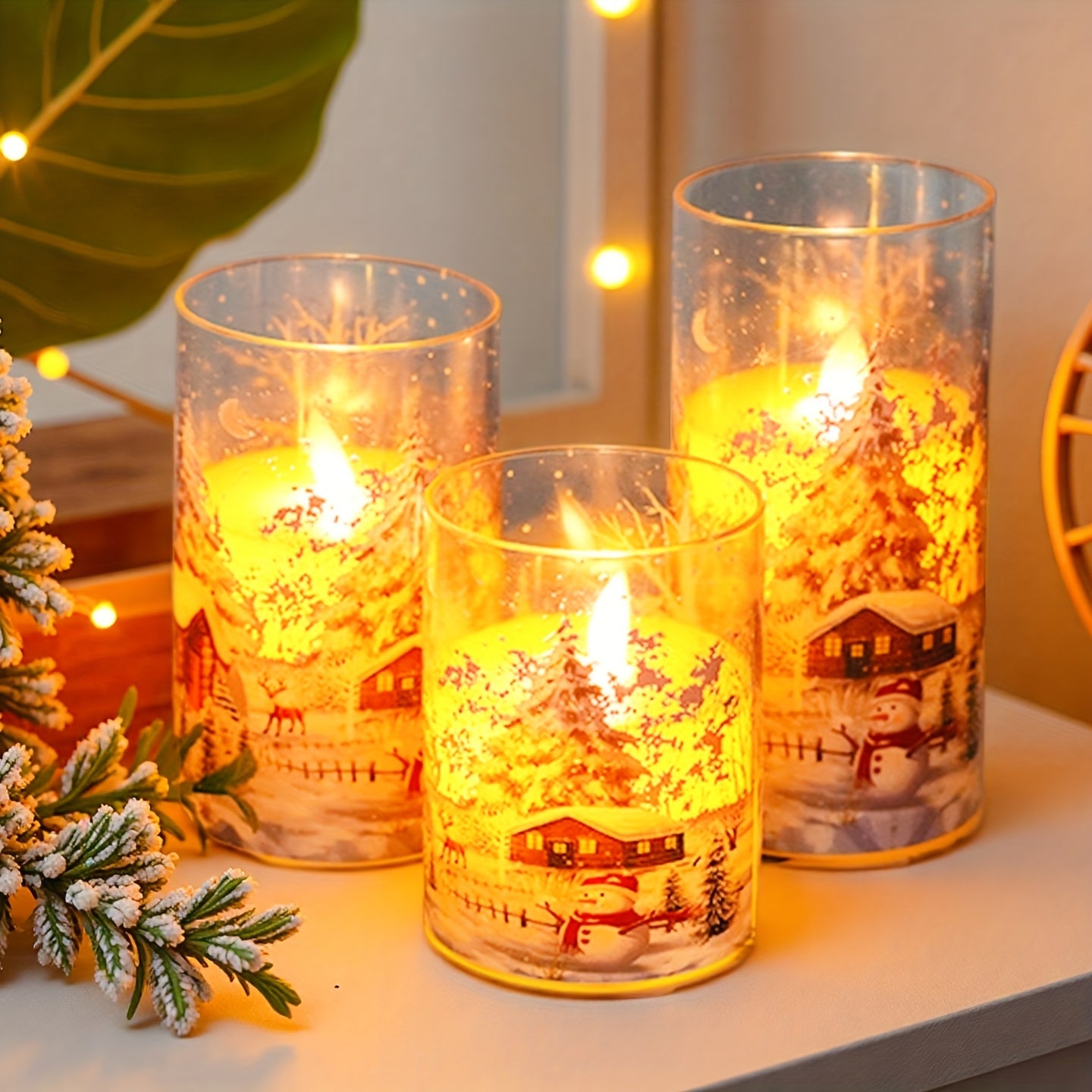 Flameless LED Pillar Candles With Snow Scene Snowman Pattern Decor