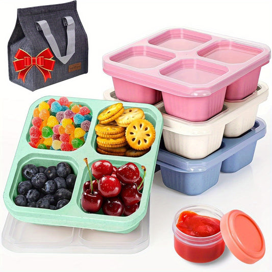 4 Pack Snack Containers with lunch Bag & Sauce Box - 4 Compartments Bento Snack Box - Reusable Meal Prep Lunch Container for Kids Adults - Divided Food Storage Containers for School Work Travel - Revitalize Mind Body