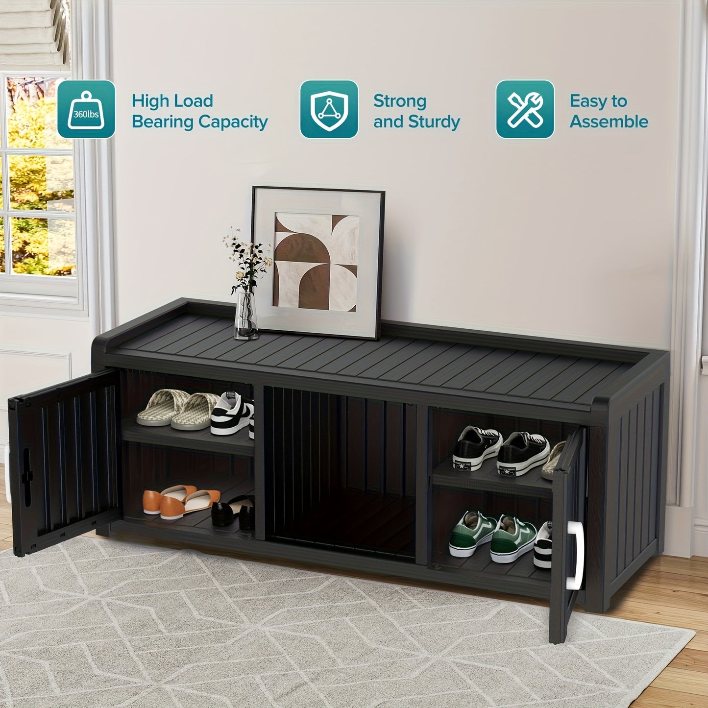 EASYUP Industrial Rustic 3 Door Entryway Shoe Bench