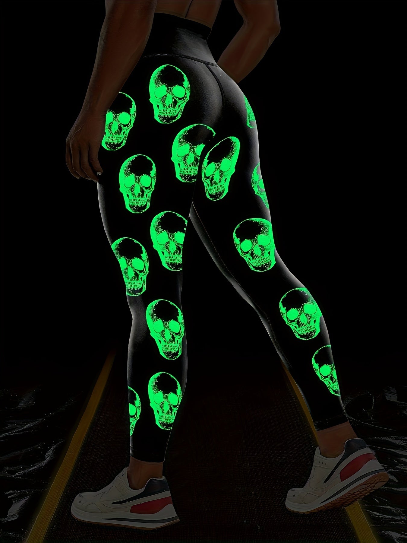 High Waist Glow In The Dark Skull Print Leggings Athletic