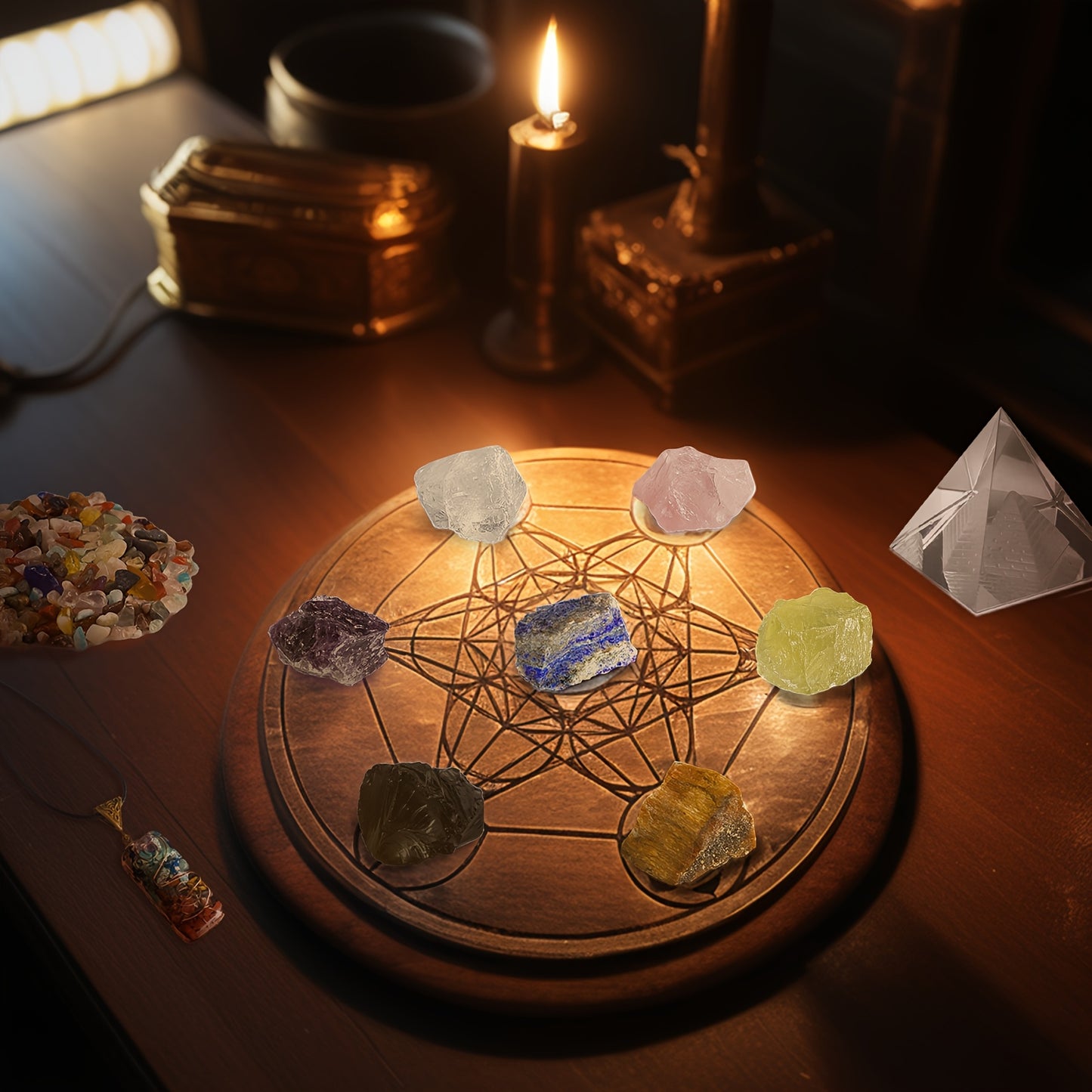 Crystal Set Orgone Pyramid Seven Chakra Healing Gift Box