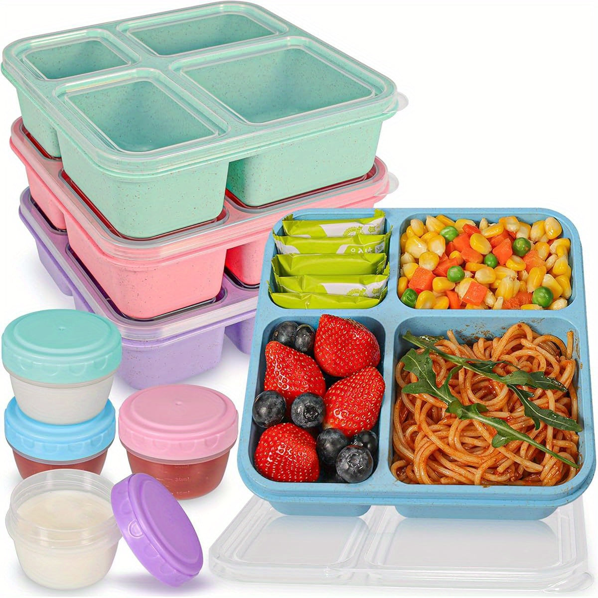 4-Pack Original Design Lunchable Container Bento Box, 40oz Large 4-Compartment Square Plastic Lunch Boxes for Adults & Kids, Microwave & Dishwasher Safe with Salad Dressing Containers, Portable for School, Office, Picnics, Pi - Revitalize Mind Body