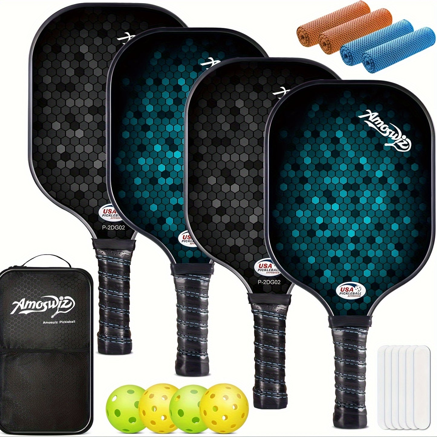 AMOSWIZ Premium Fiberglass Pickleball Paddles Set of 4 With Balls