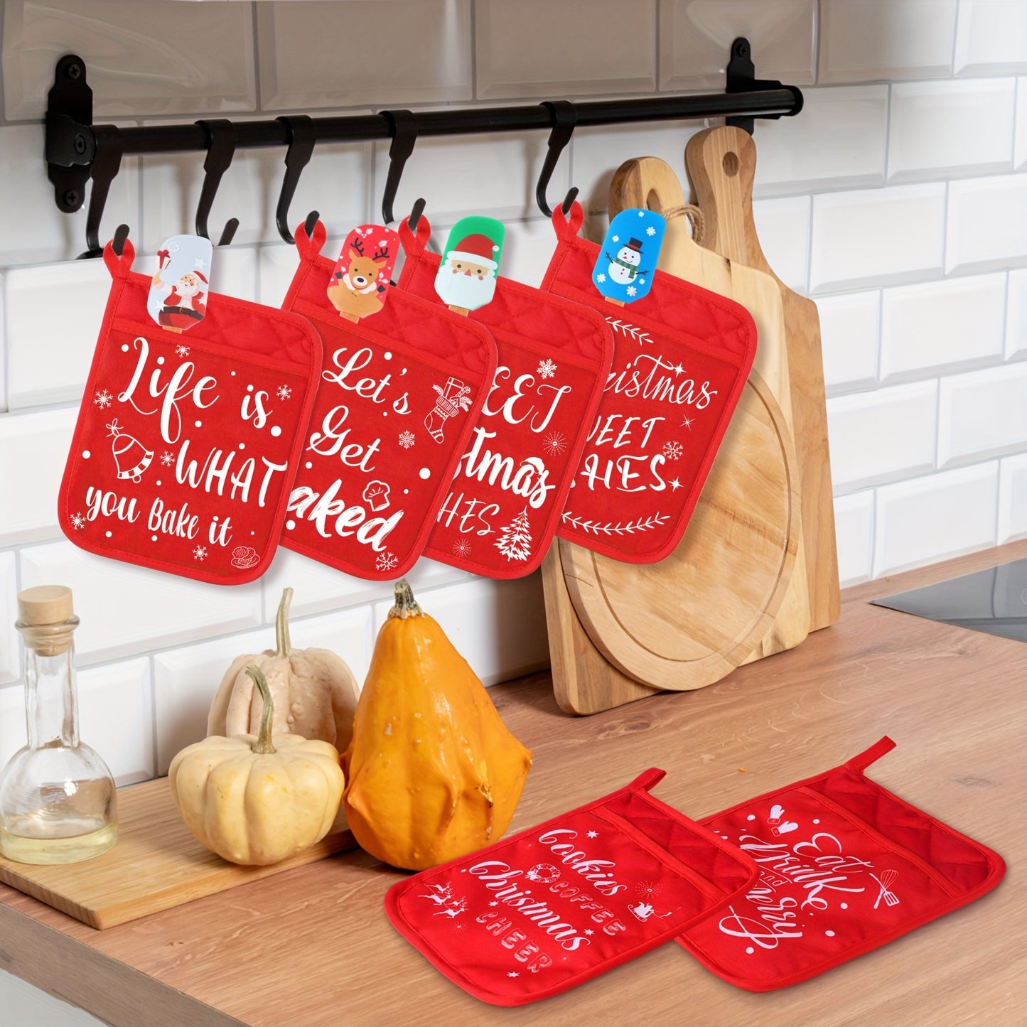 Roowest Christmas Pot Holders With Silicone Spatula Set Wooden Handles
