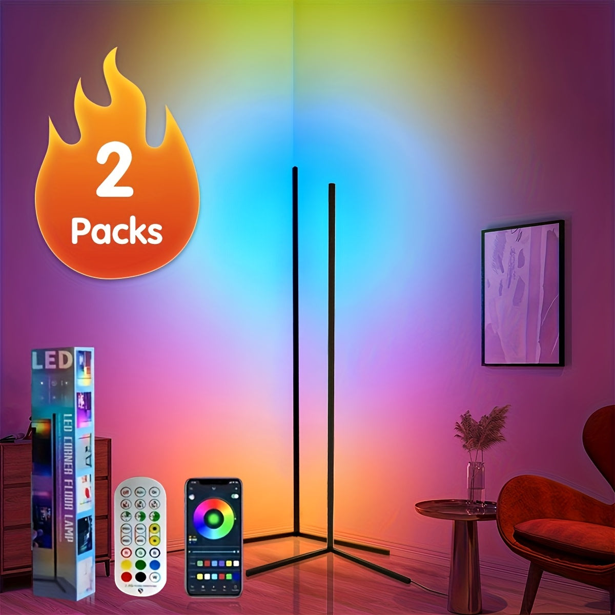 Corner Floor Lamp With RGB LED Remote App Music Sync