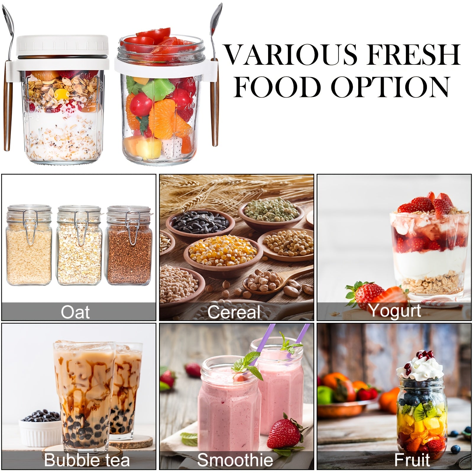 8pcs 10oz Large Capacity Airtight Overnight Oats Containers with Lids & Wooden Spoons - Reusable, Clear Round Jars with Measurement Marks for Healthy Breakfast Prep - Revitalize Mind Body