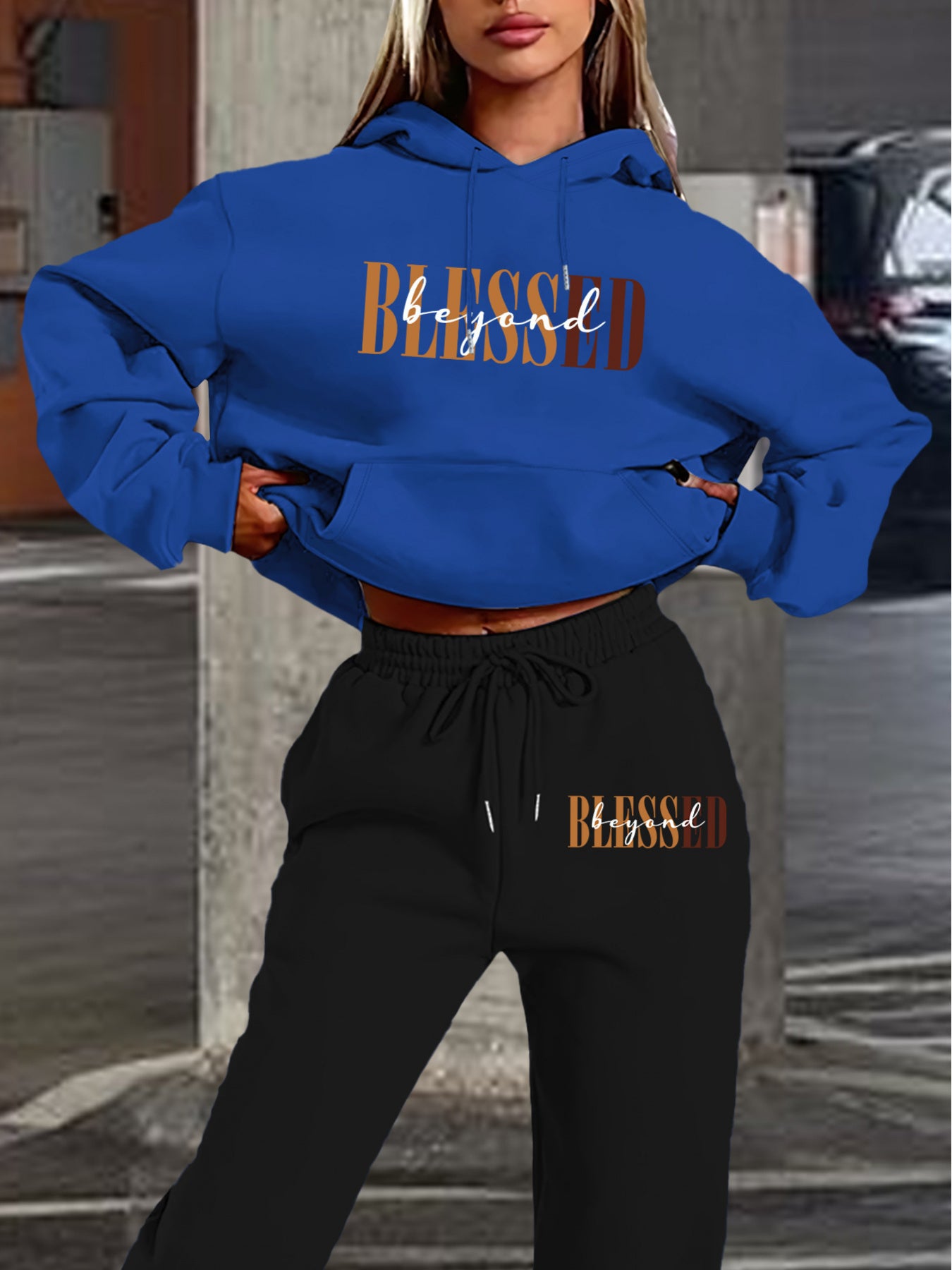 Women’s Letter Print Hoodie And Jogger Set Polyester With Pockets