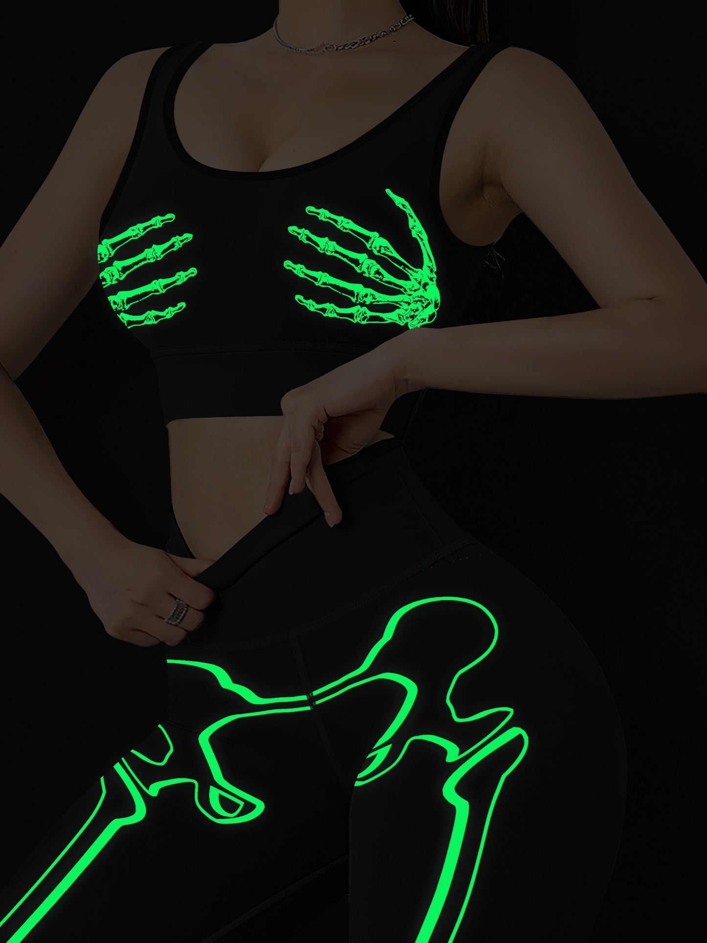 Halloween Skull Glow Yoga Set Women High Waist Pants Tank