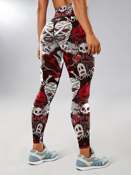 Halloween Skeleton Print High Waist Yoga Leggings For Women