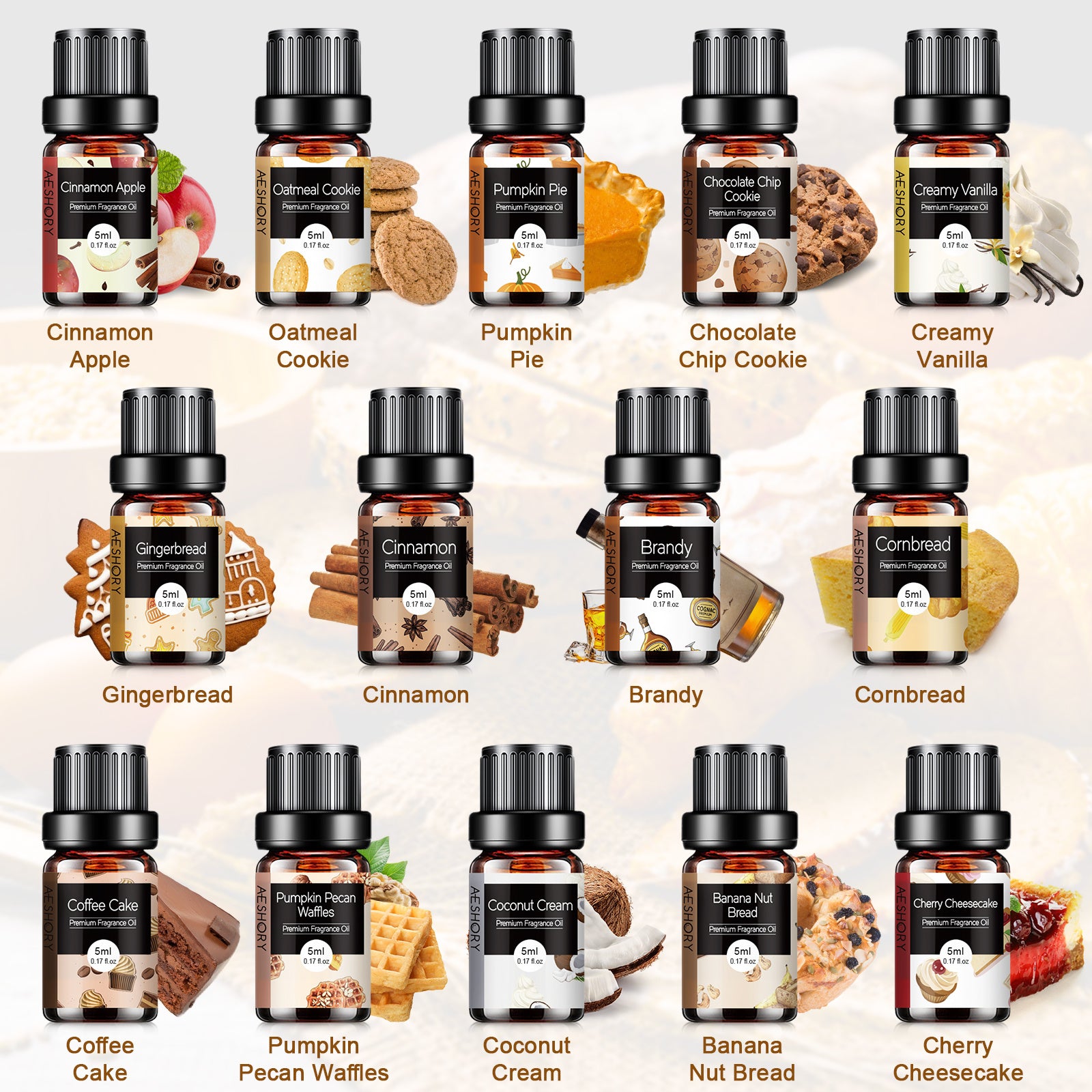 Bakery Essential Oils Set - Set of 14 Fragrance Oil for Diffusers, Candle Making - Pumpkin Pie, Coffee Cake, Oatmeal Cookie, Gingerbread, Cinnamon Apple Aromatherapy Scented Oils (5ml) - Revitalize Mind Body