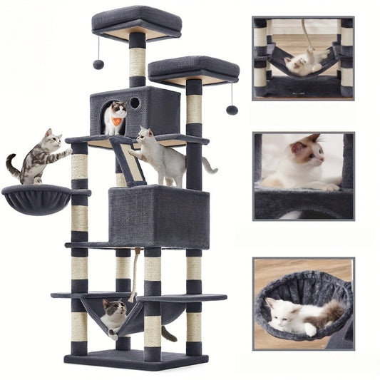 66.1/44.1in Cat Tree, Large Cat Tower with 13 Scratching Posts, 2 Perches, 2 Caves, Hanging Basket & Hammock, Pompoms, Stable Kitty Play House, Multi-Level Plush Cat Condo for Indoor Cat, Easy to Assemble, Perfect Children's - Revitalize Mind Body
