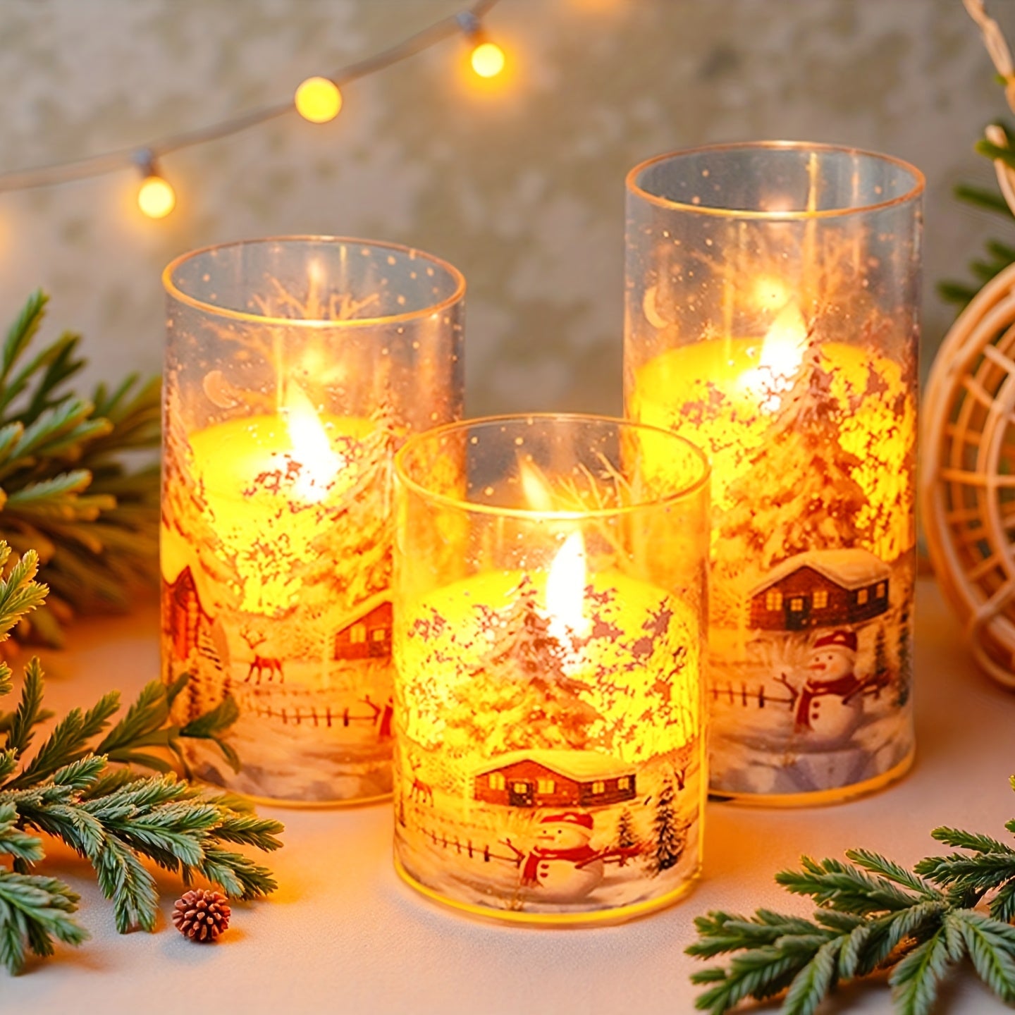 Flameless LED Pillar Candles With Snow Scene Snowman Pattern Decor