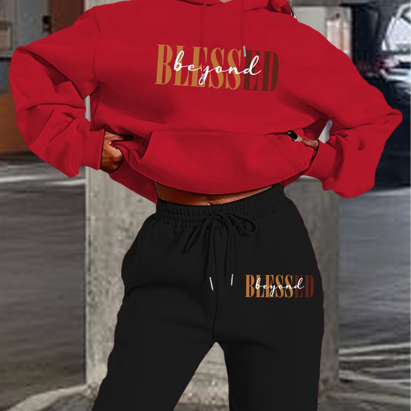 Women’s Letter Print Hoodie And Jogger Set Polyester With Pockets
