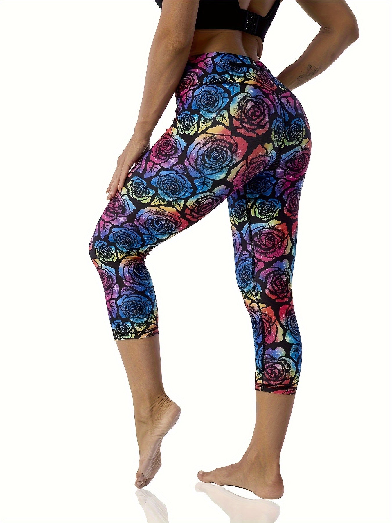 Floral Print Plus Size Capri Yoga Pants With Tummy Control - Revitalize Mind Body