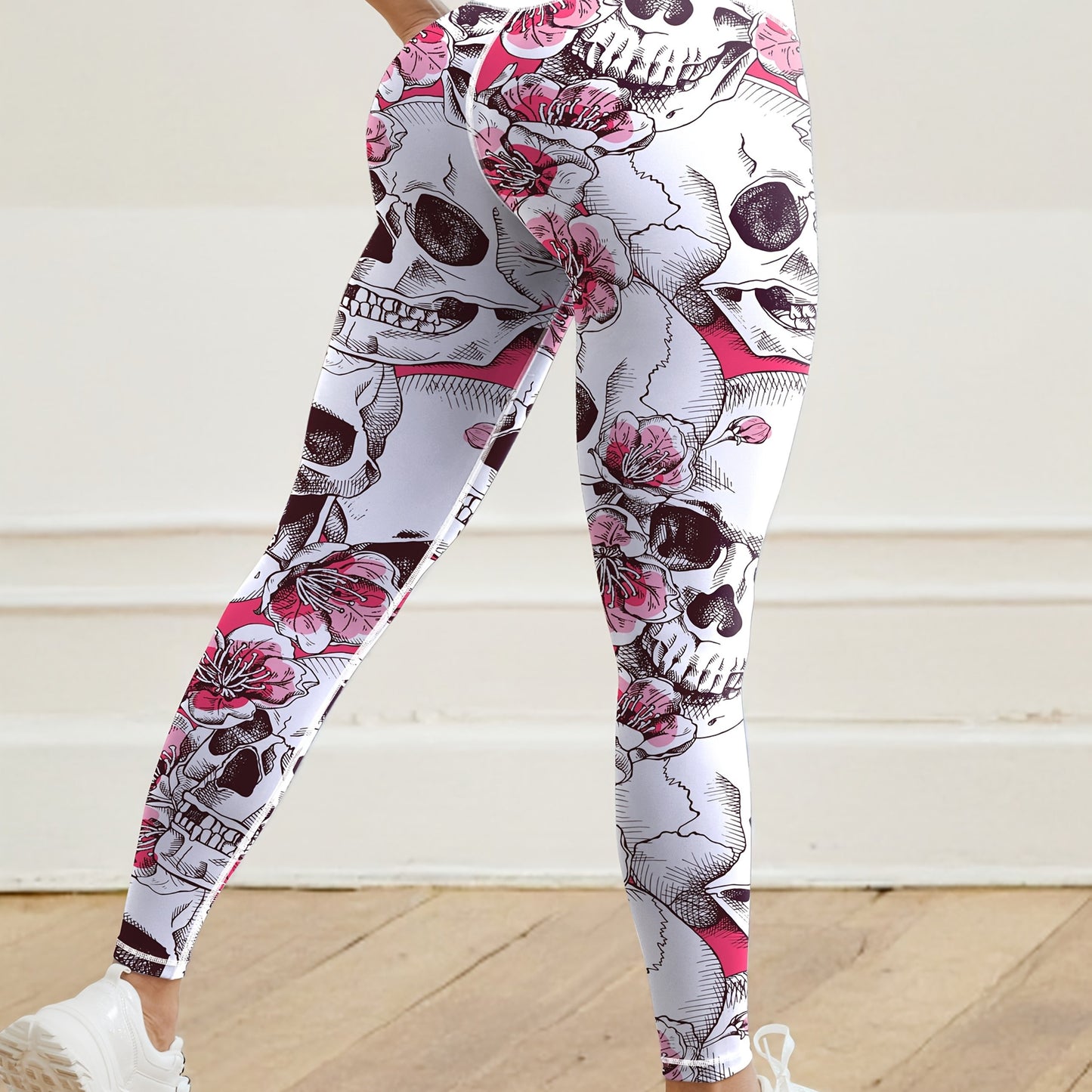 Halloween Skull Floral Print High Waist Yoga Leggings
