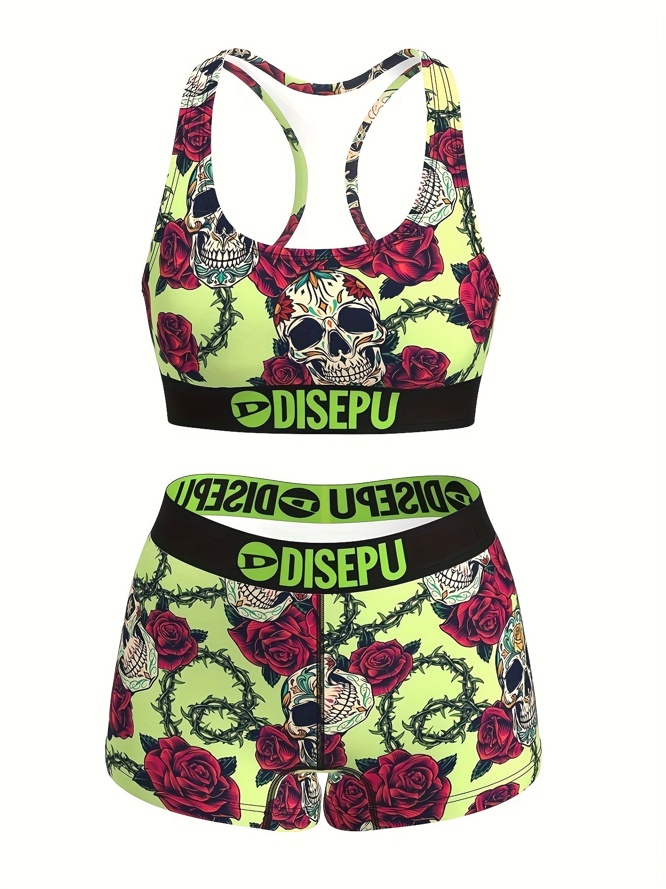 Skull and Rose Print Sports Bra and Shorts Set Women - Revitalize Mind Body