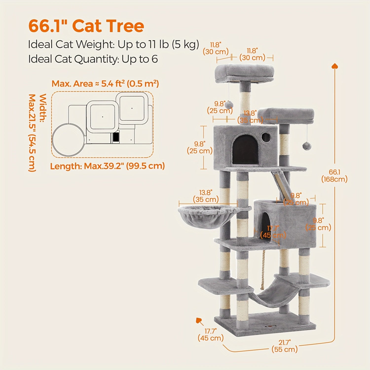 66.1/44.1in Cat Tree, Large Cat Tower with 13 Scratching Posts, 2 Perches, 2 Caves, Hanging Basket & Hammock, Pompoms, Stable Kitty Play House, Multi-Level Plush Cat Condo for Indoor Cat, Easy to Assemble, Perfect Children's - Revitalize Mind Body