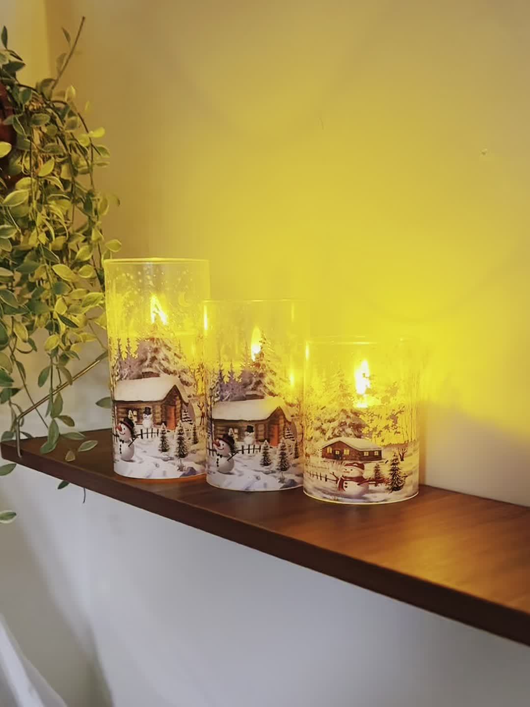 Flameless LED Pillar Candles With Snow Scene Snowman Pattern Decor