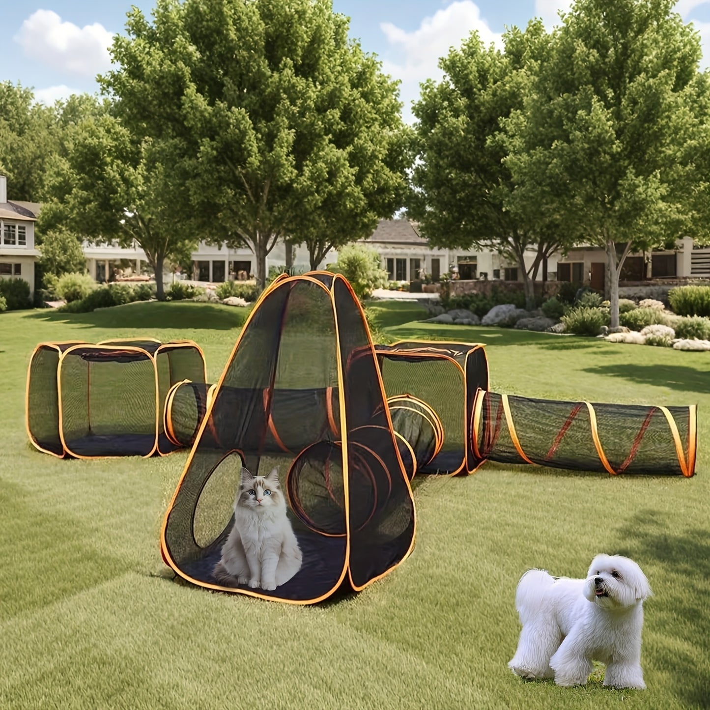6-in-1 Foldable Pet Playpen - Interactive Design, Black/Orange, for Cats & Dogs, Outdoor/Indoor Use, Tunnel & Tent - Revitalize Mind Body