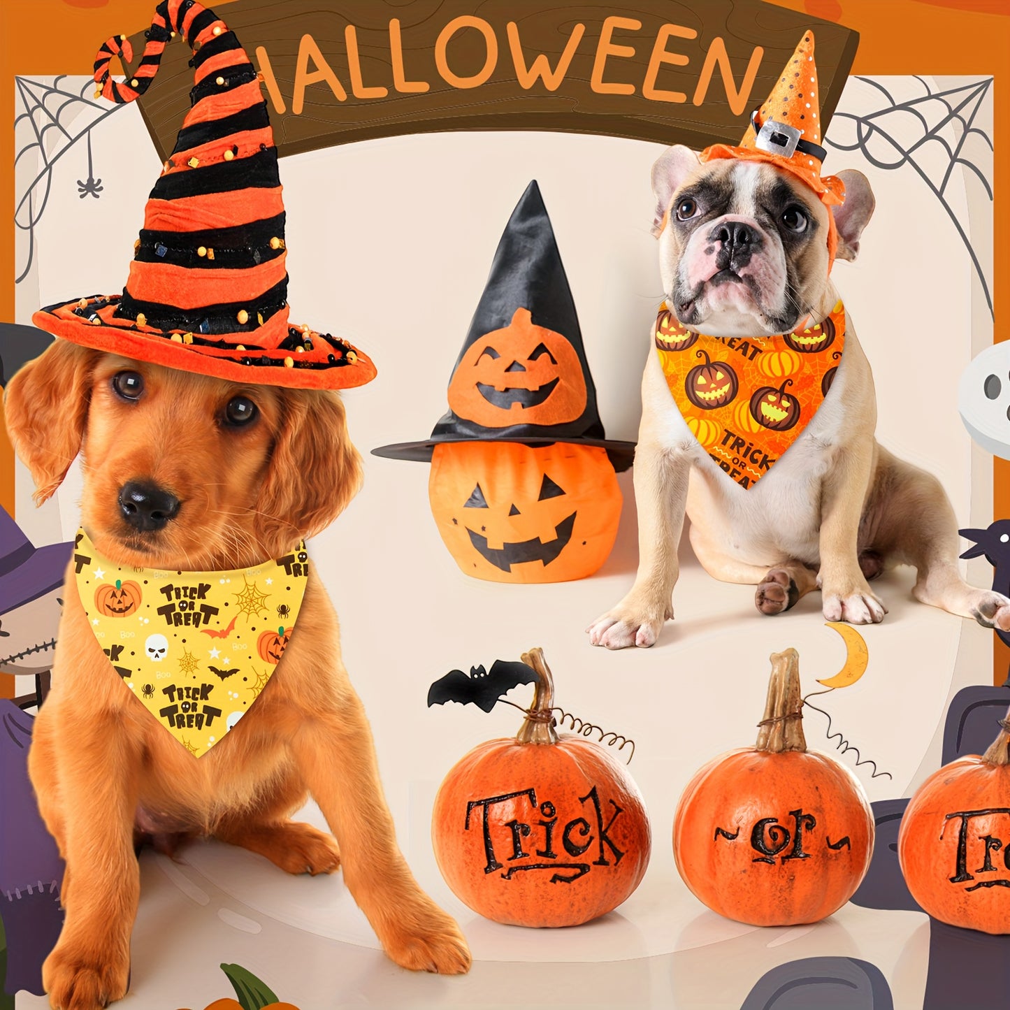 PATELAIB Halloween Dog Bandanas and Adjustable Bibs
