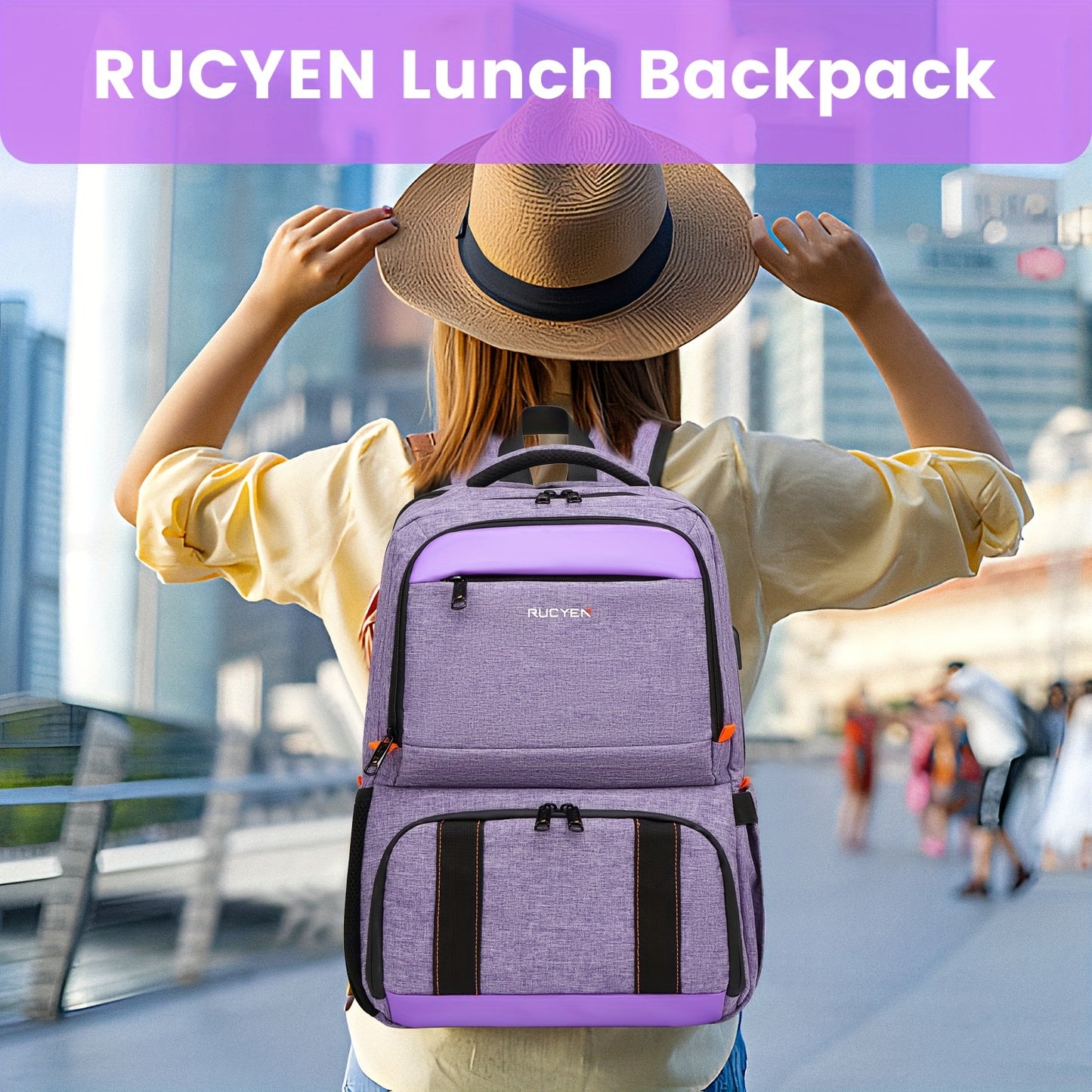 15.6 Inches RFID Blocking Laptop RUCYEN Backpack - Insulated Cooler Lunch Box with USB Port for Men Women - Work Travel Picnics Hiking - Revitalize Mind Body