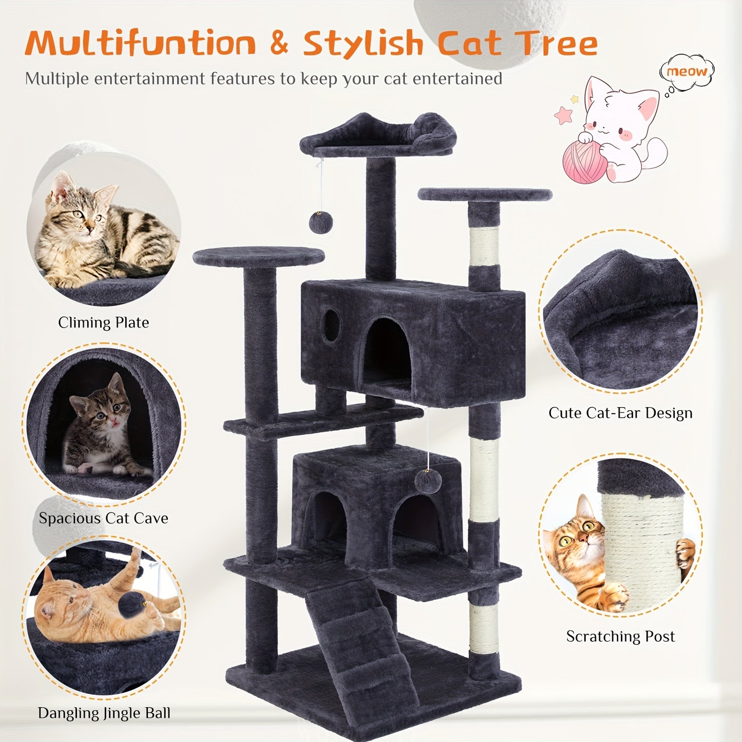 Sweetcrispy Multilevel Cat Tree Tower Indoor With Sisal Scratching Post