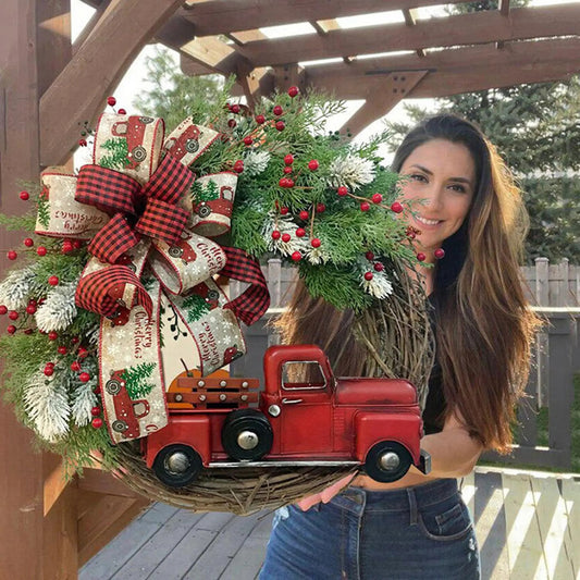 Country Style Red Truck Christmas Wreath With Berries Rustic Farmhouse