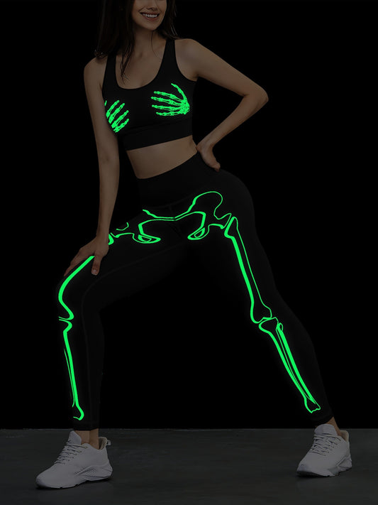 Halloween Skull Glow Yoga Set Women High Waist Pants Tank