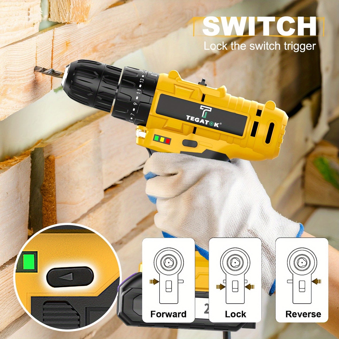 TEGATOK 20V Cordless Drill Set With Battery Pack And Bits