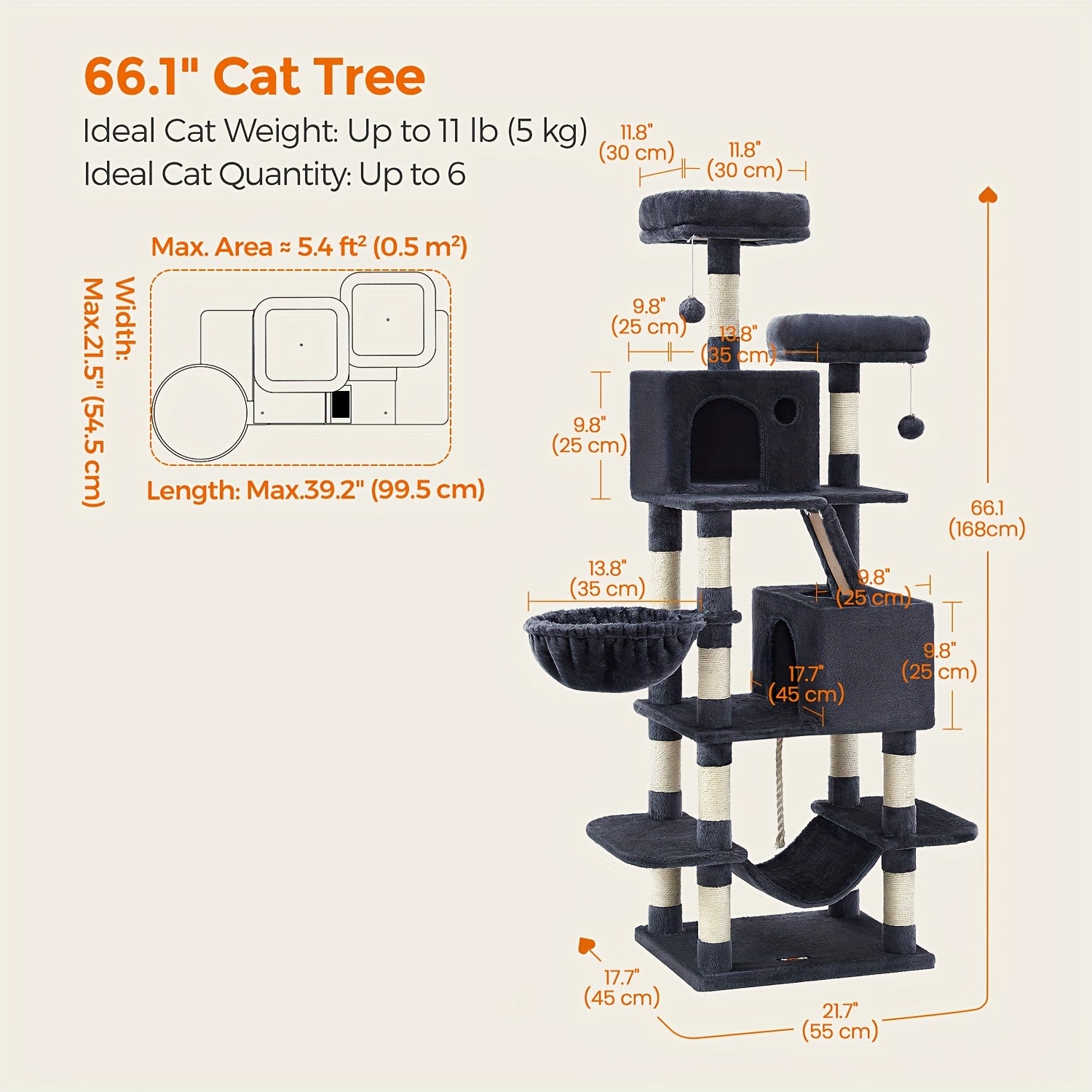 66.1/44.1in Cat Tree, Large Cat Tower with 13 Scratching Posts, 2 Perches, 2 Caves, Hanging Basket & Hammock, Pompoms, Stable Kitty Play House, Multi-Level Plush Cat Condo for Indoor Cat, Easy to Assemble, Perfect Children's - Revitalize Mind Body