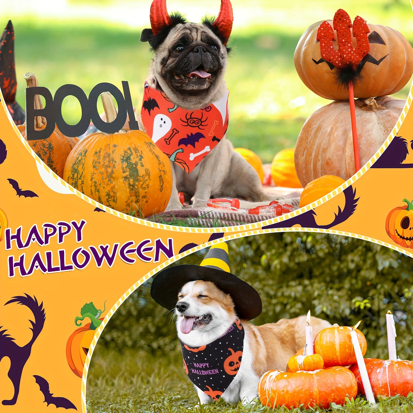 CHUANGDIB Halloween Dog Bandanas Set Spooky Pumpkin Bat