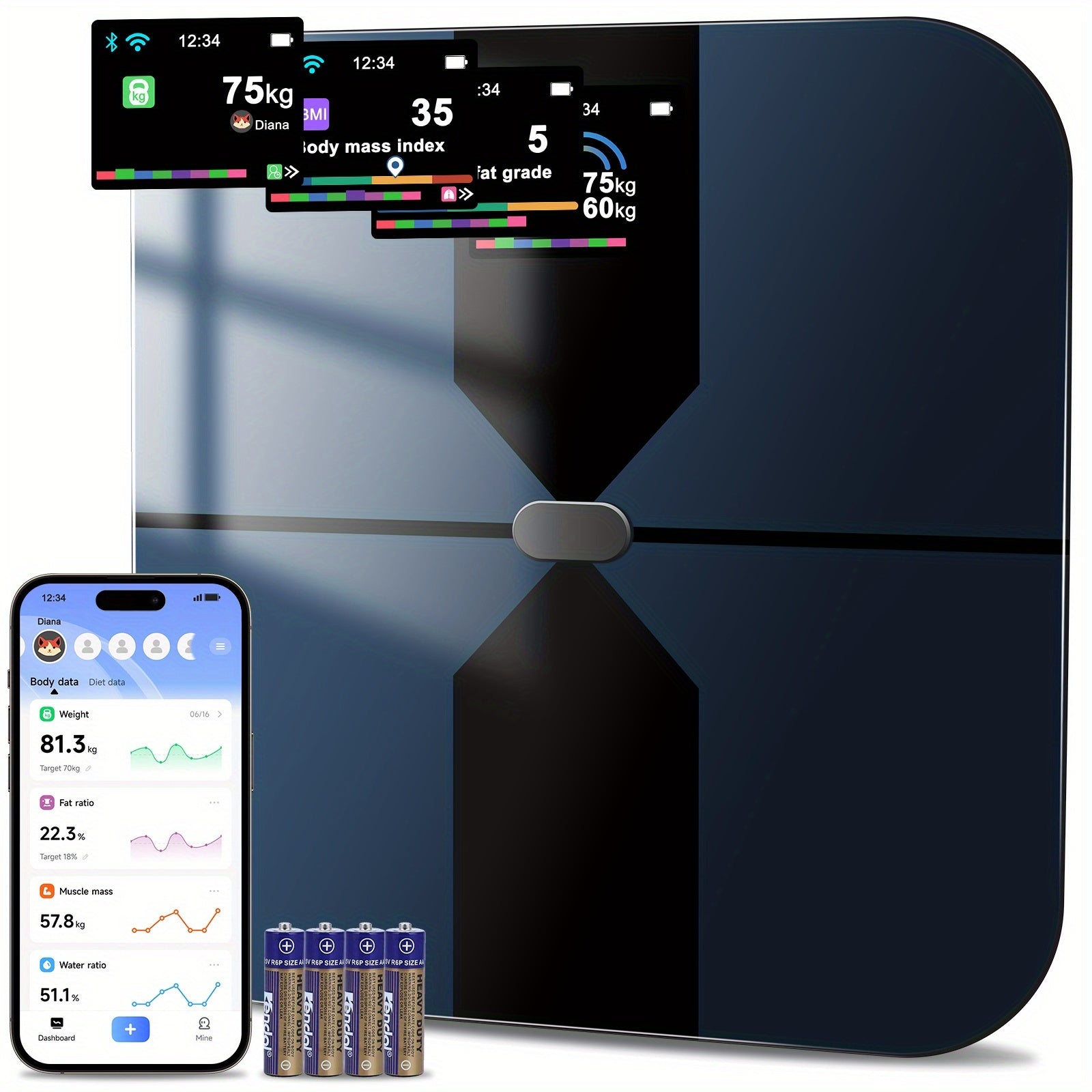 [1pc Smart Scale] 1pc Smart Scale | 11.8*11.8in Color Large Display Bathroom Scale with BMI Weighing, Body Composition Monitoring, 400LB Load Capacity, Thickened ITO Glass, Smartphone Apps - Revitalize Mind Body