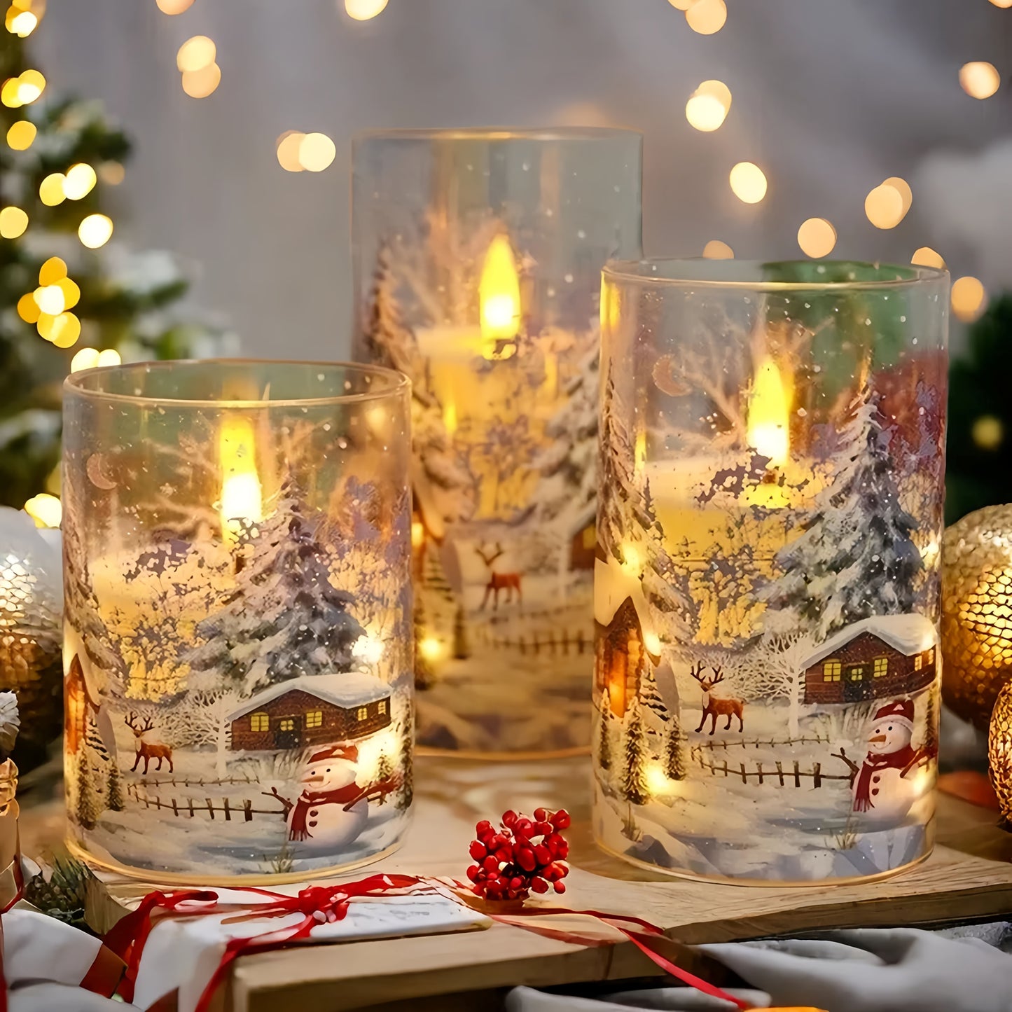 Flameless LED Pillar Candles With Snow Scene Snowman Pattern Decor