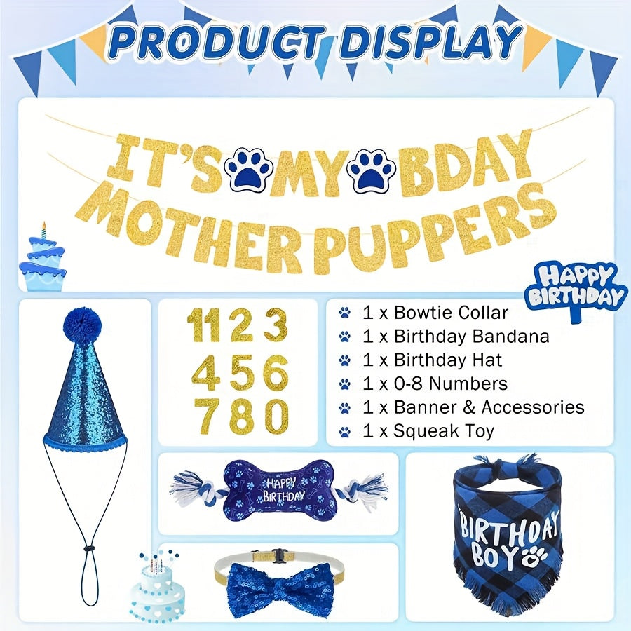 Dog Birthday Party Set with Bandana Bow Tie and Toys