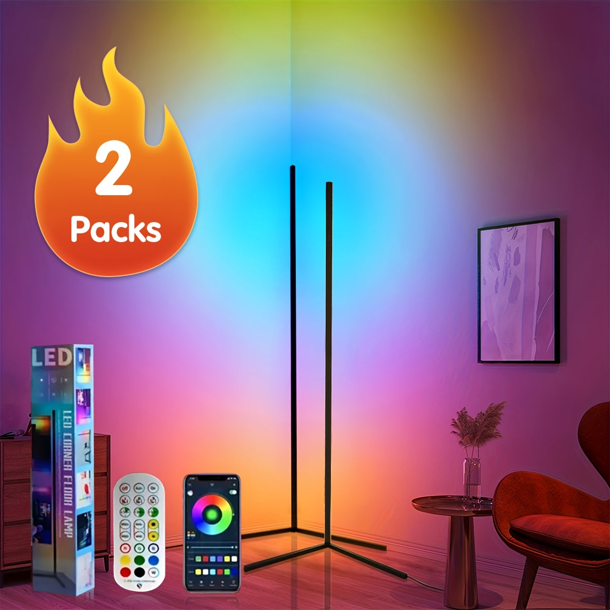 Corner Floor Lamp With RGB LED Remote App Music Sync